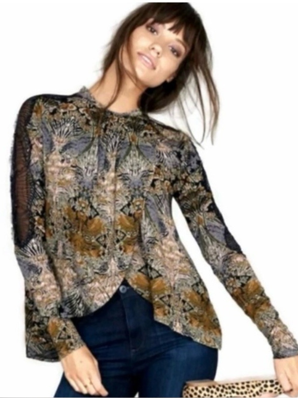 Free People Coal Combo Nouveau printed lace top